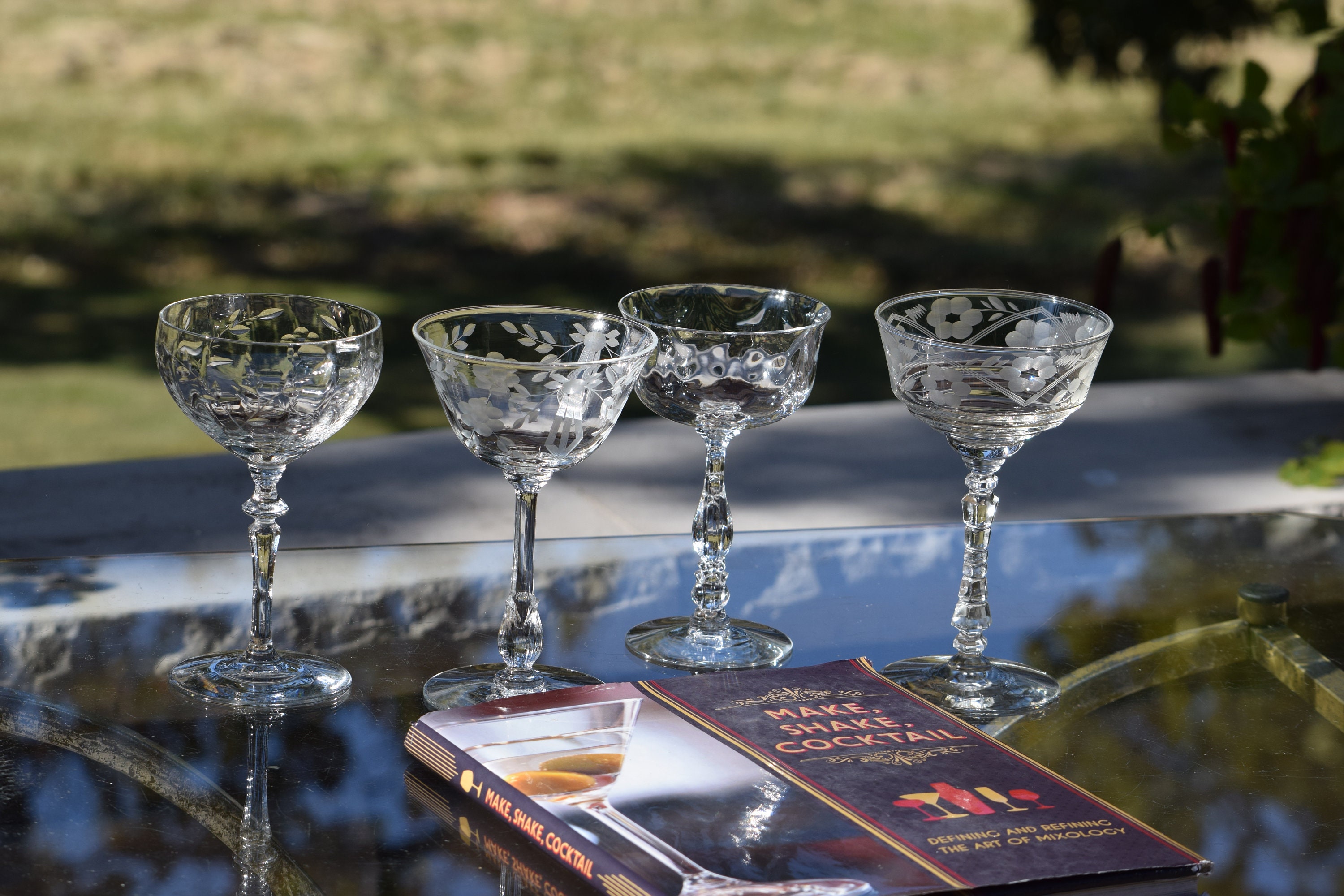 4 Vintage Etched Cocktail Martini Glasses, Set of 4 MisMatched Mixed