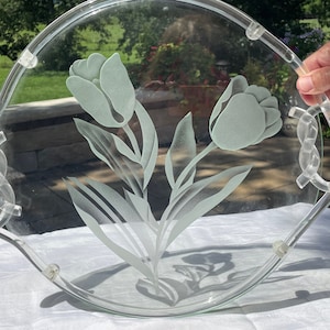 Vintage Lucite & Glass Etched Round Tray ~ Dorothy Thorpe Style Floral Glass Decor Tray ~ 1950&#39;s ~ Vintage Round Glass Serving Tray