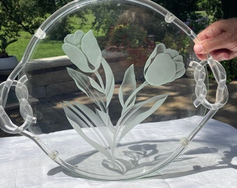 Vintage Lucite & Glass Etched Round Tray ~ Dorothy Thorpe Style Floral Glass Decor Tray ~ 1950's ~ Vintage Round Glass Serving Tray