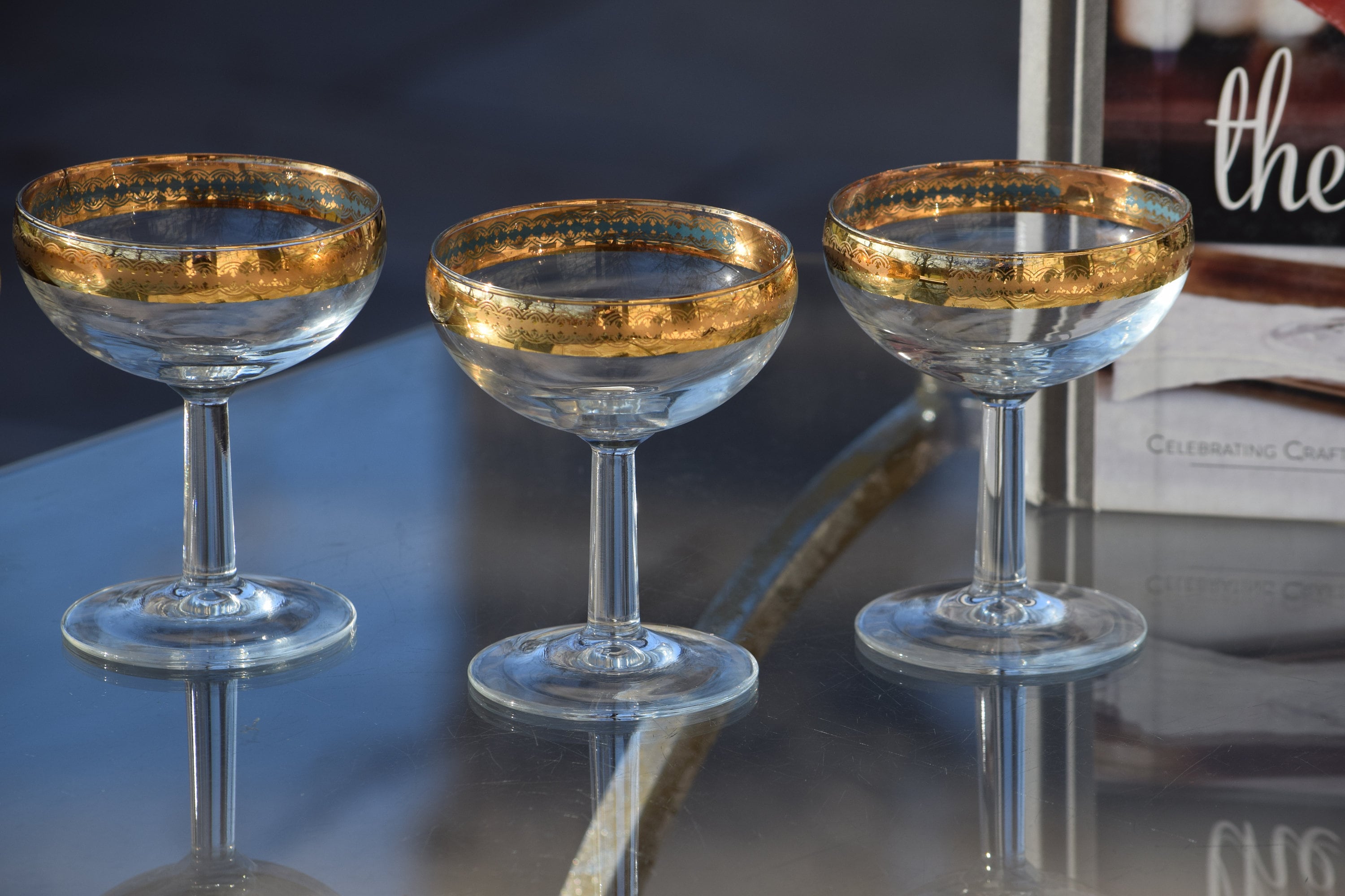 4 Vintage GOLD Rimmed Cocktail Glasses, Nick and Nora, 1950's