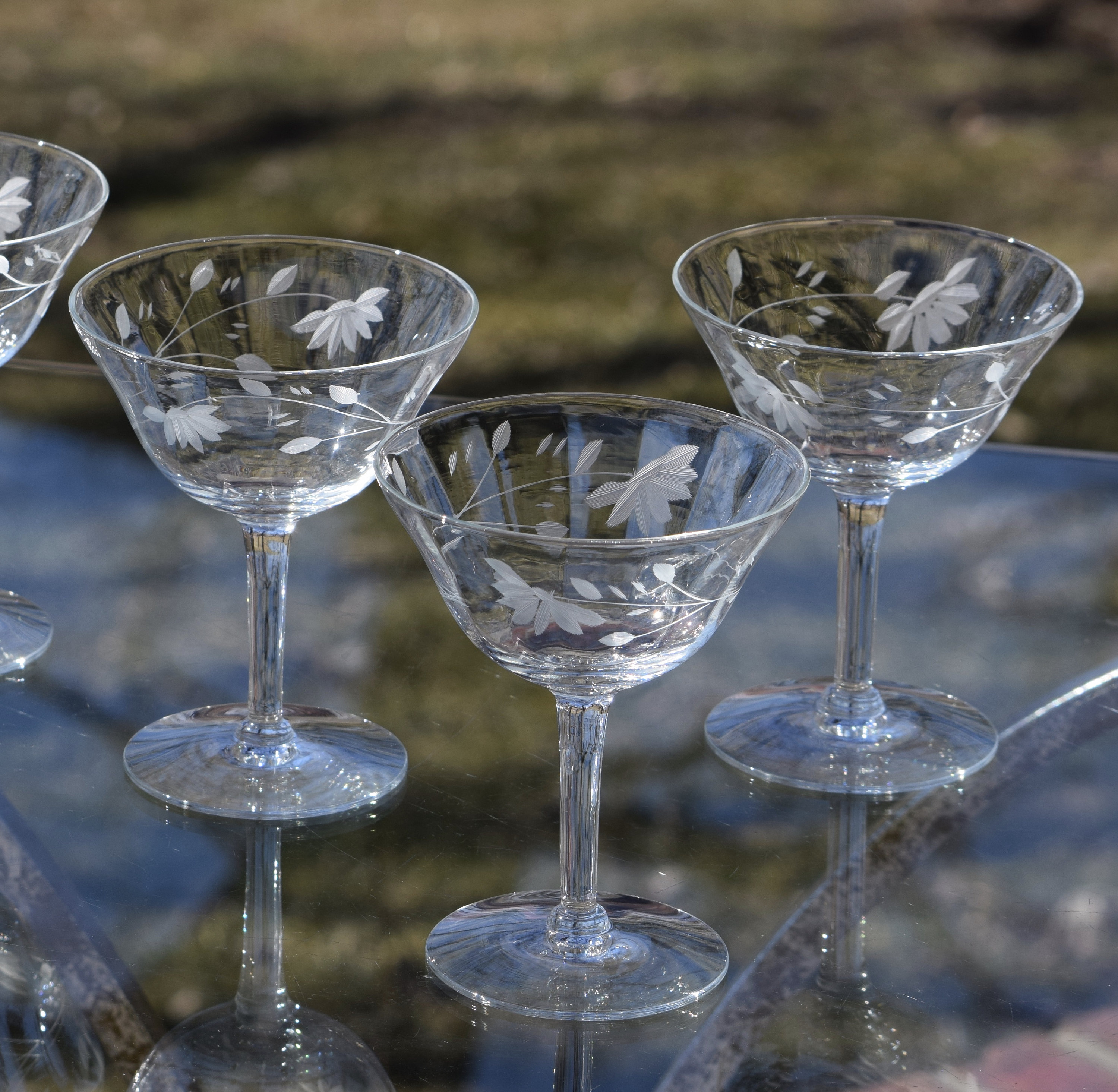 Vintage Floral Etched Cocktail Glasses, Set of 6, Gin Cocktail Glasses