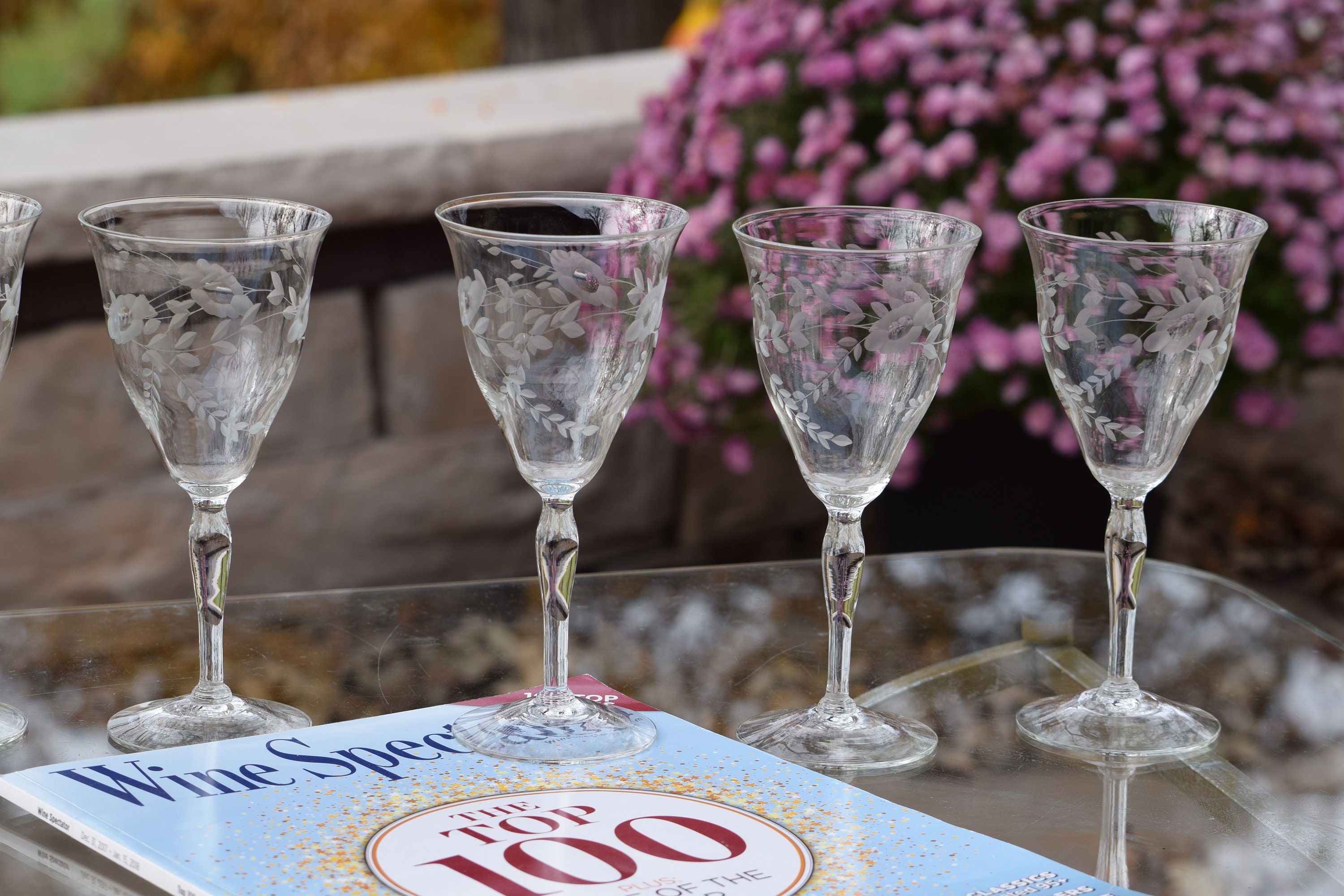 4 Vintage Etched Tall Wine Glasses ~ Water Goblets, 1950's Etched Wine  Glasses, Unique Etched Wine Glasses, Wedding Glasses