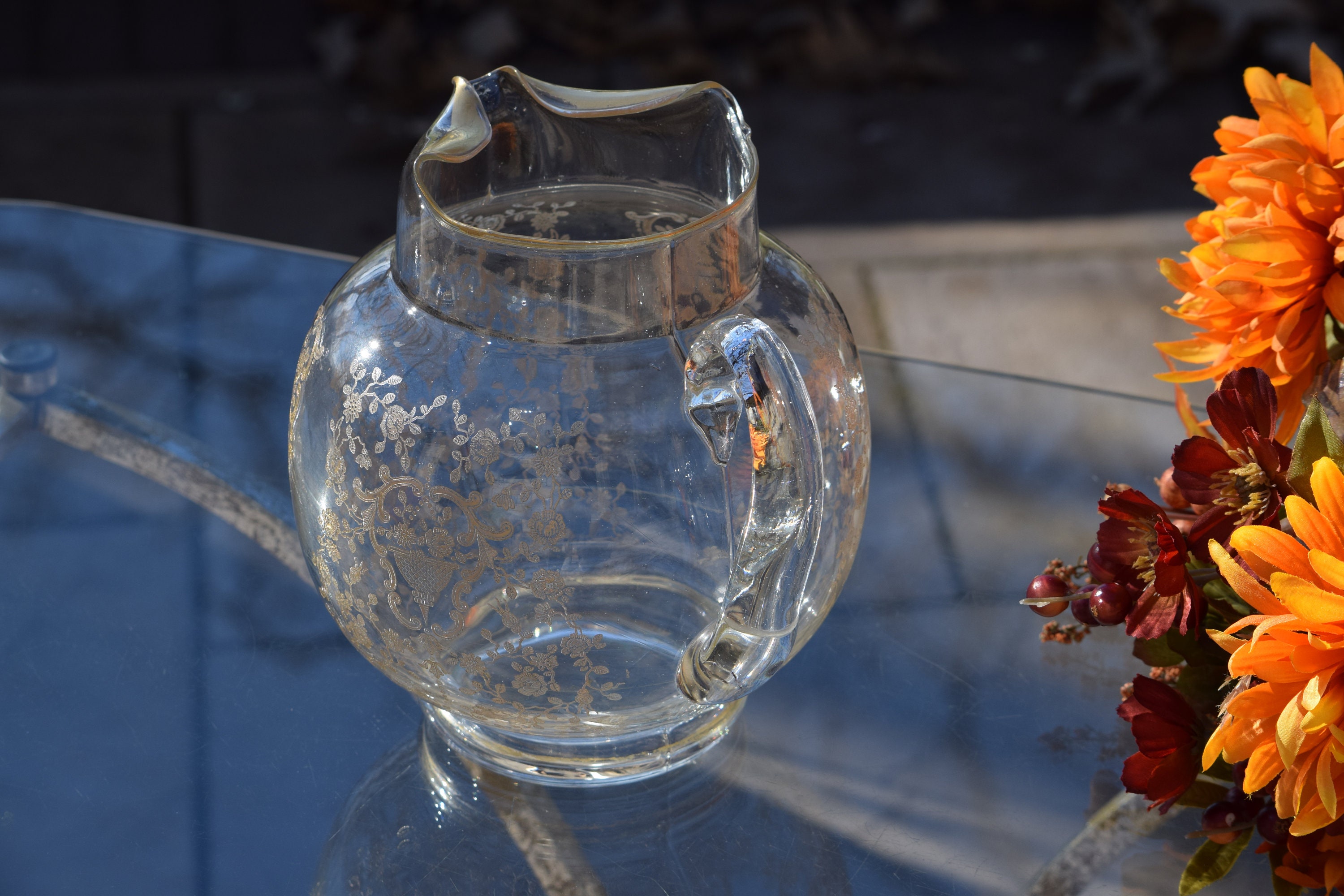 Vintage Gold Encrusted Etched Cocktail Pitcher, Glastonbury Lotus