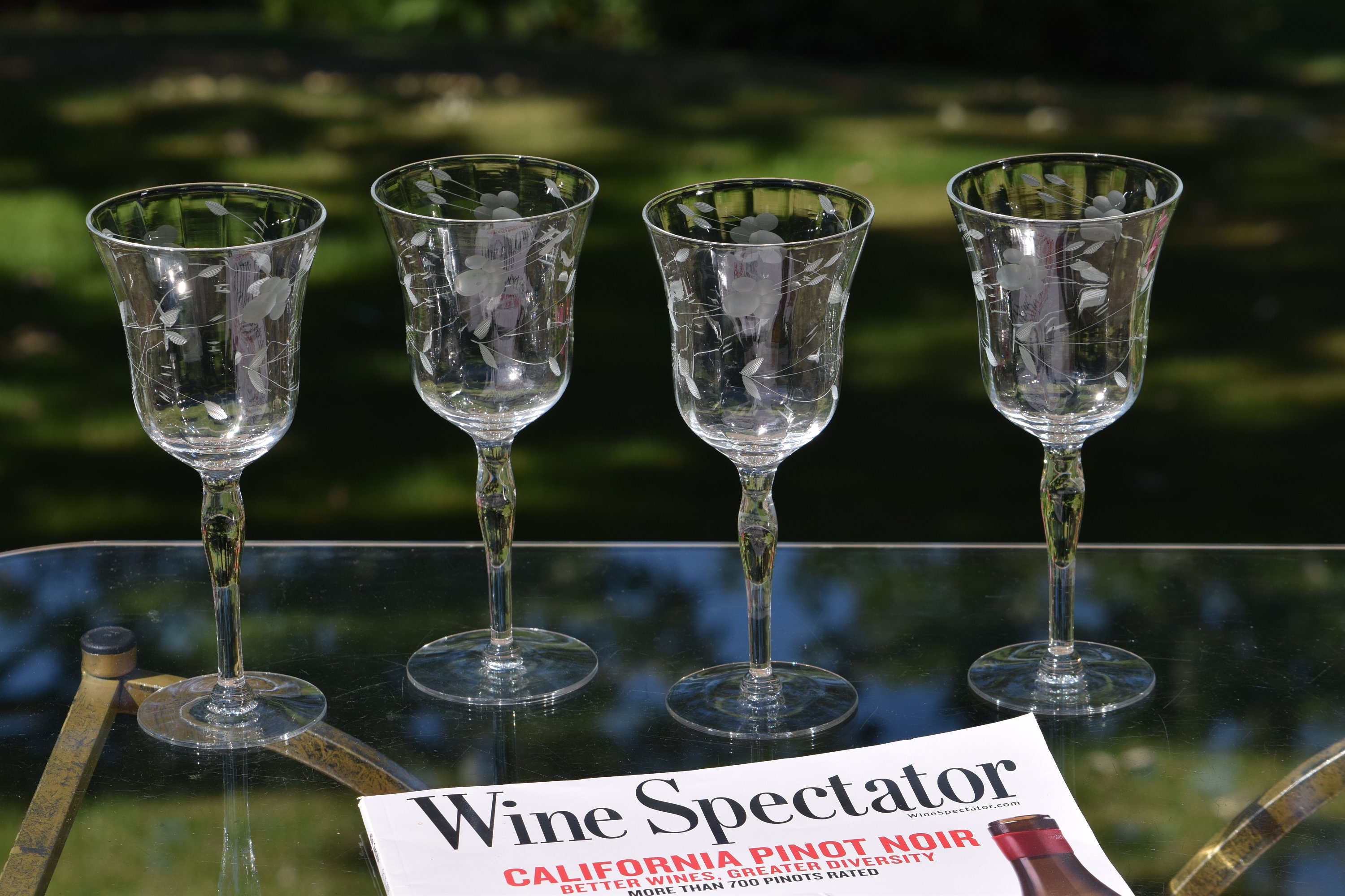 4 Vintage Floral Etched Wine Glasses, circa 1950's, Tall Vintage Etched Wine Glasses, Wedding