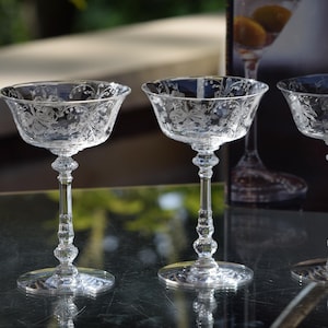 Vintage Etched Cocktail Glasses, Heisey, Orchid, 1940's, Nick and Nora, Craft Cocktail Glasses, Tall Etched Champagne ~ Martini Glasses