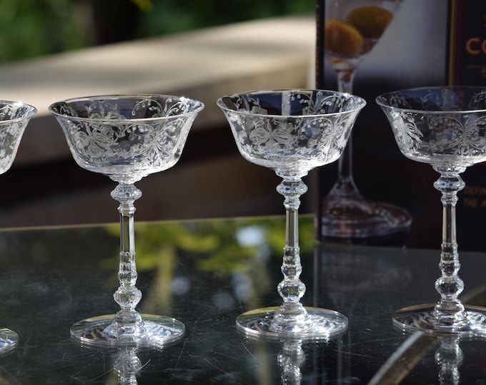Vintage Etched Cocktail Glasses, Heisey, Orchid, 1940's, Nick and Nora, Craft Cocktail Glasses, Tall Etched Champagne ~ Martini Glasses
