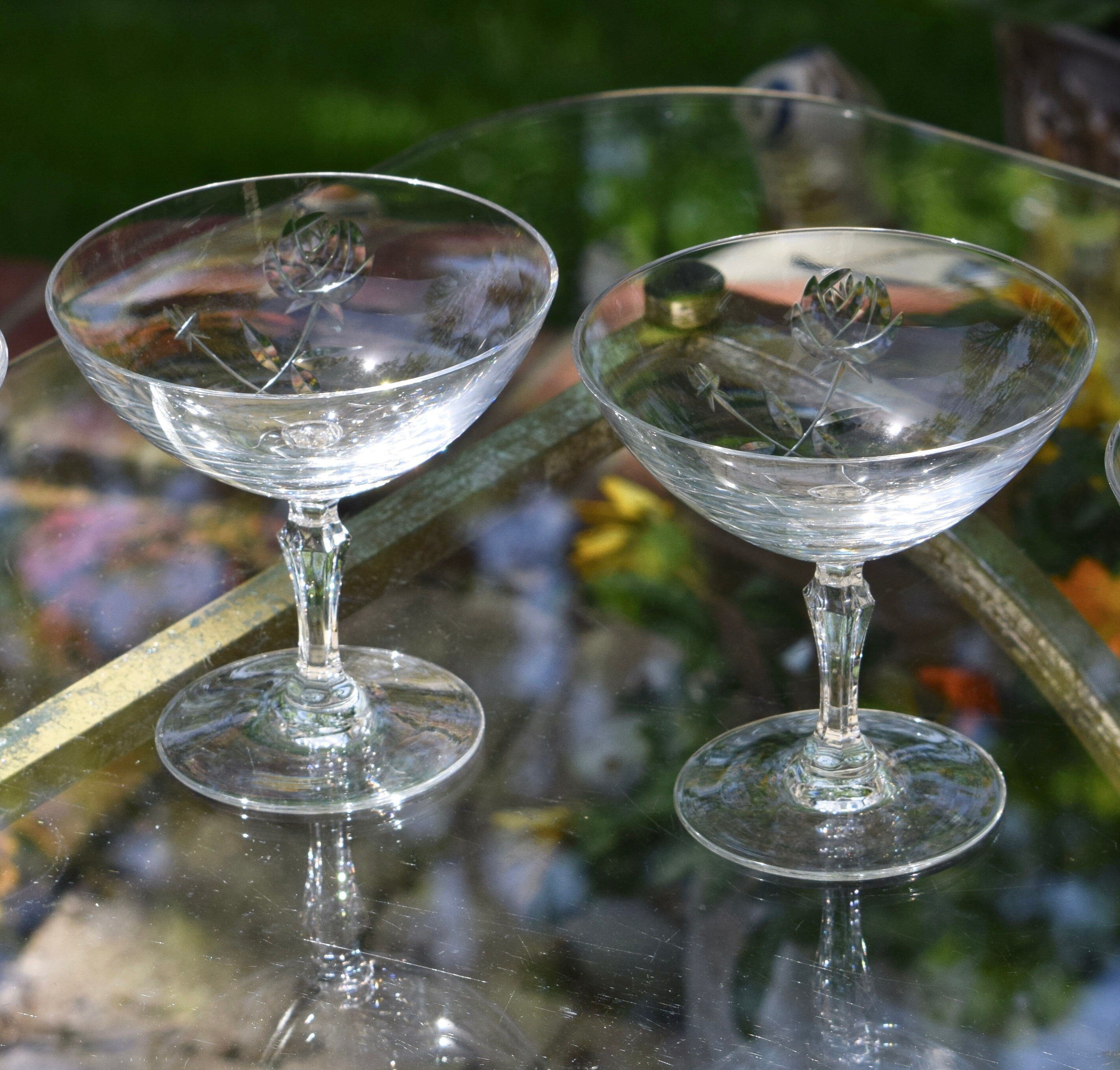 Vintage CRYSTAL Etched Cocktail Martini Set of 4, 1950's, Mixologists