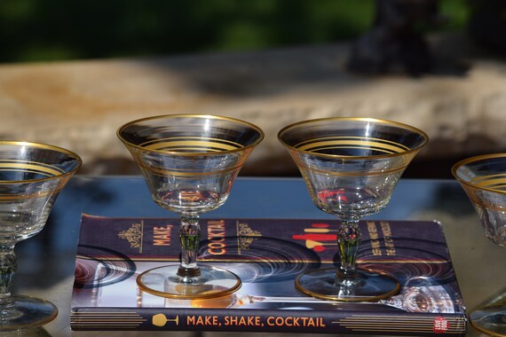 4 Vintage GOLD Rimmed Cocktail Glasses, Nick and Nora, 1950's