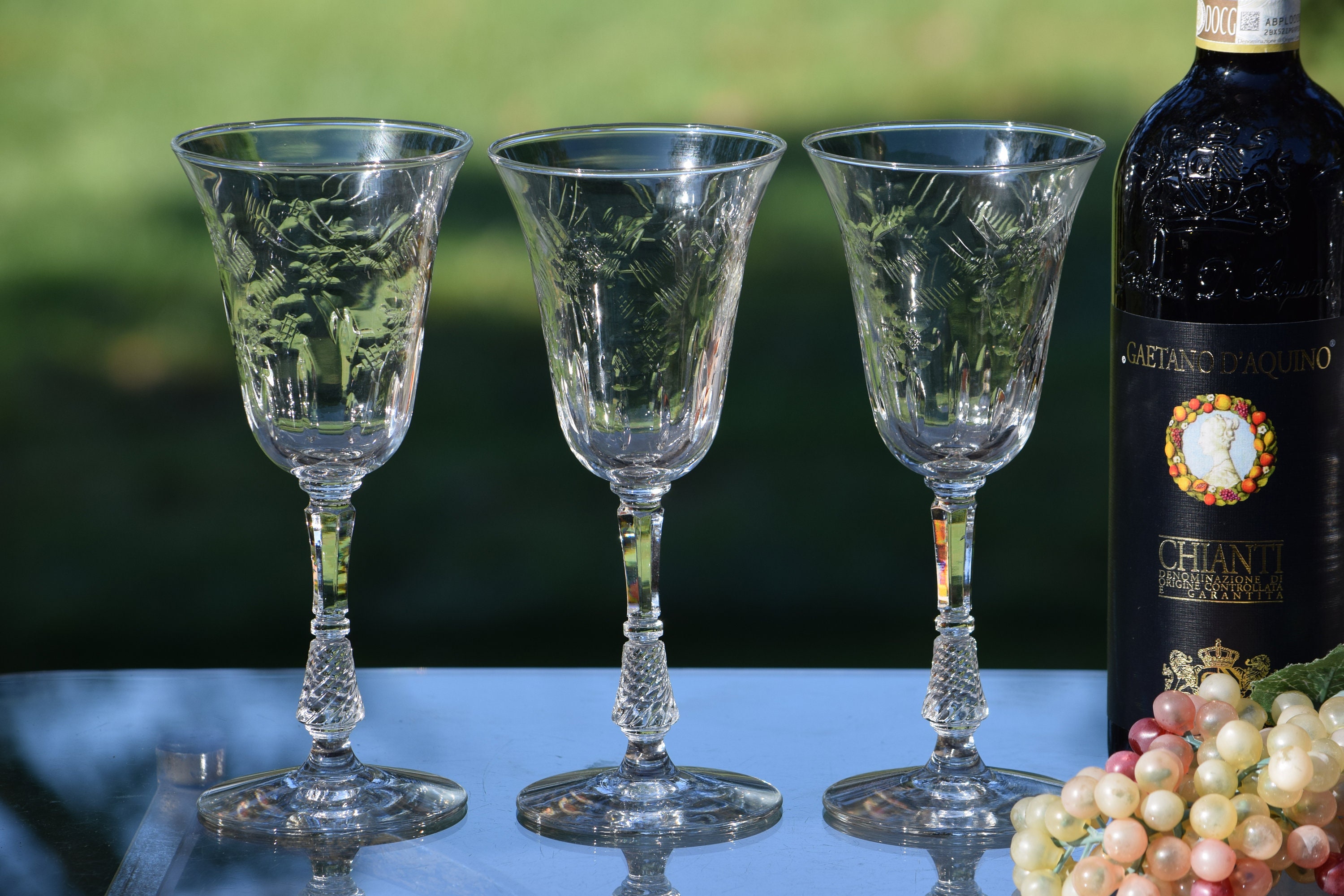 6 Vintage Etched Crystal Wine Glasses, 1950's, Tall Vintage Water