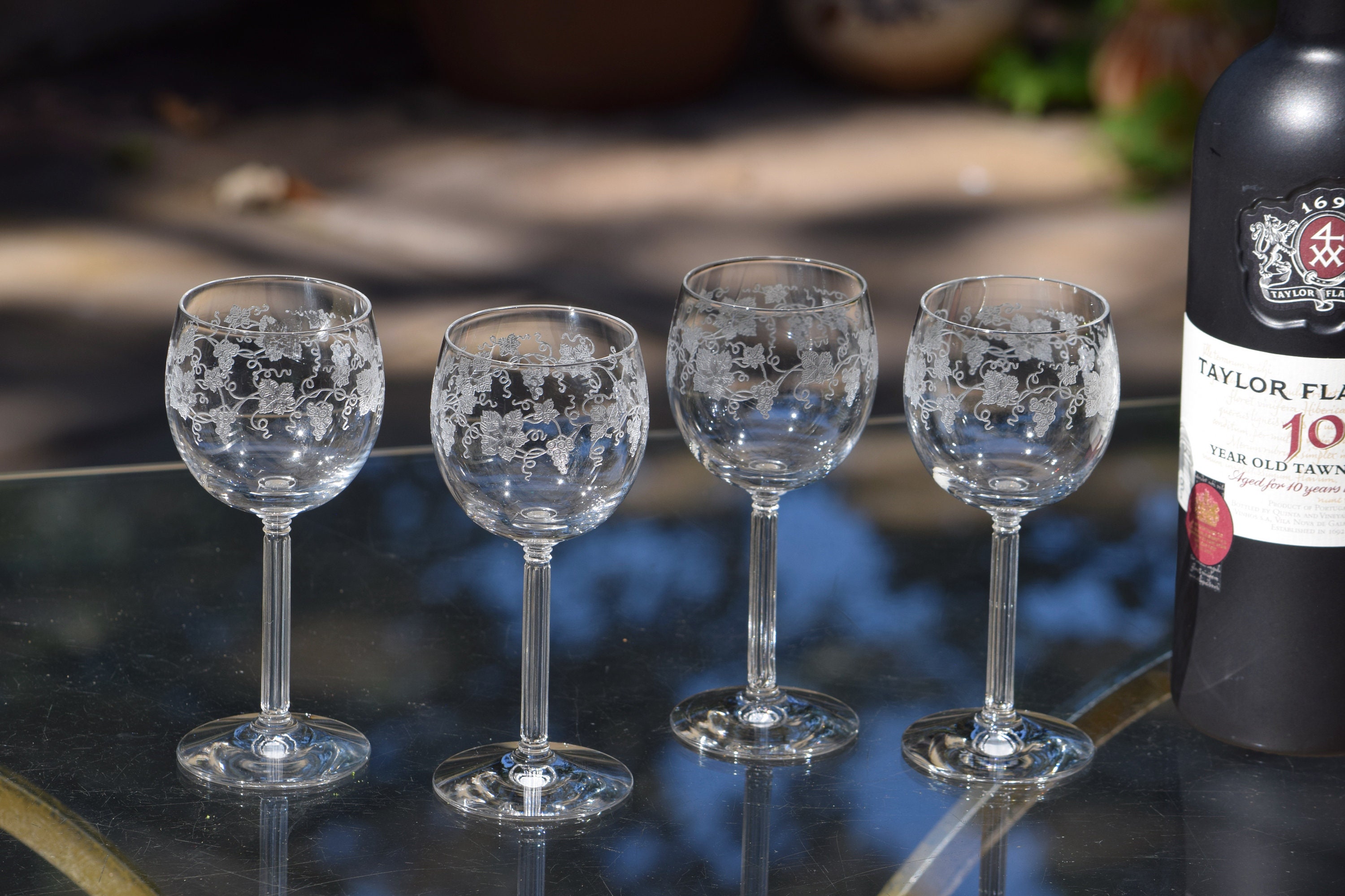 4 Vintage Etched Crystal Wine Cordial Glasses, Fostoria, Nectar, 1936