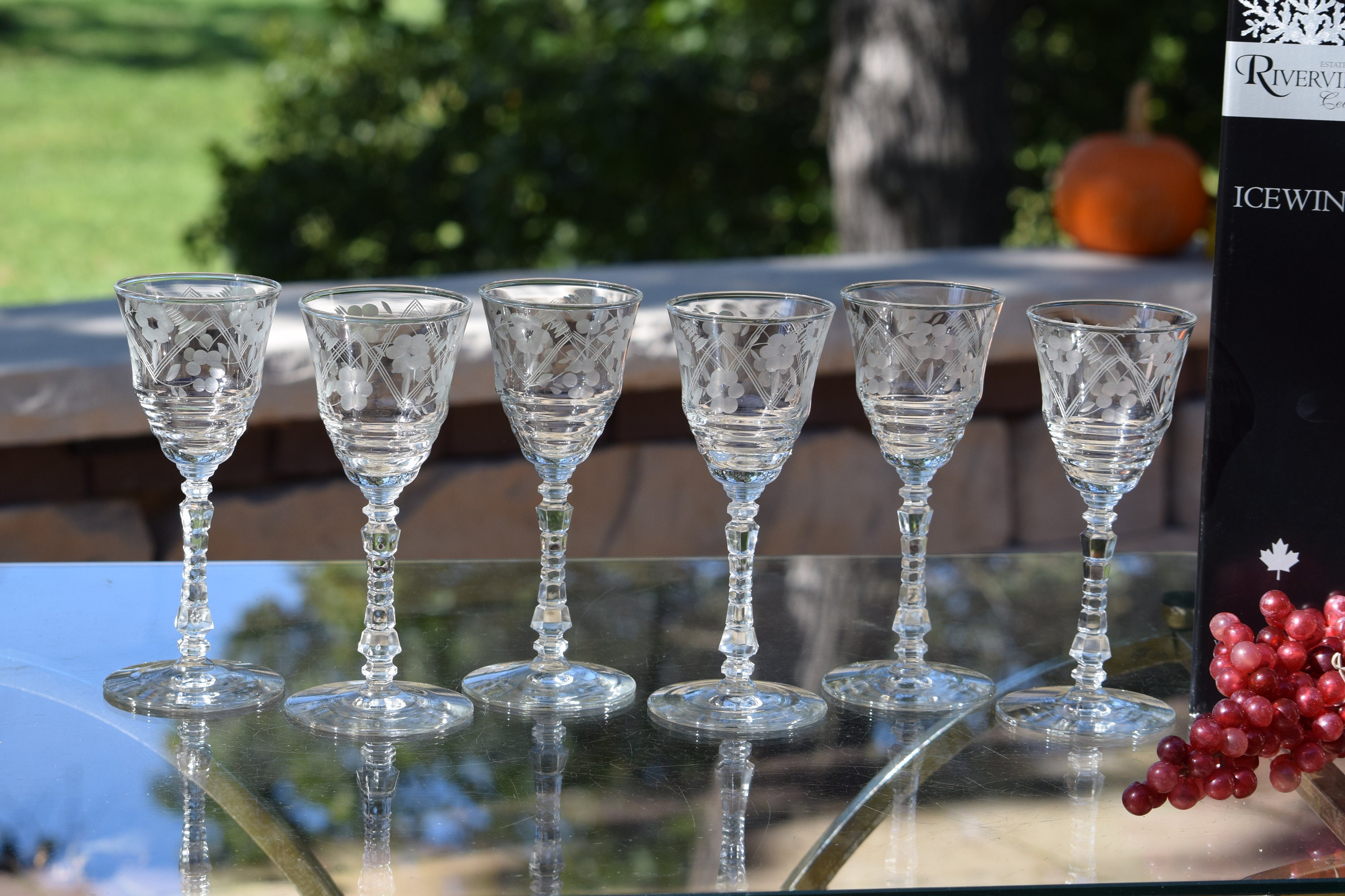 6 Vintage Etched Wine Glasses, Rock Sharpe, 1950's, After Dinner