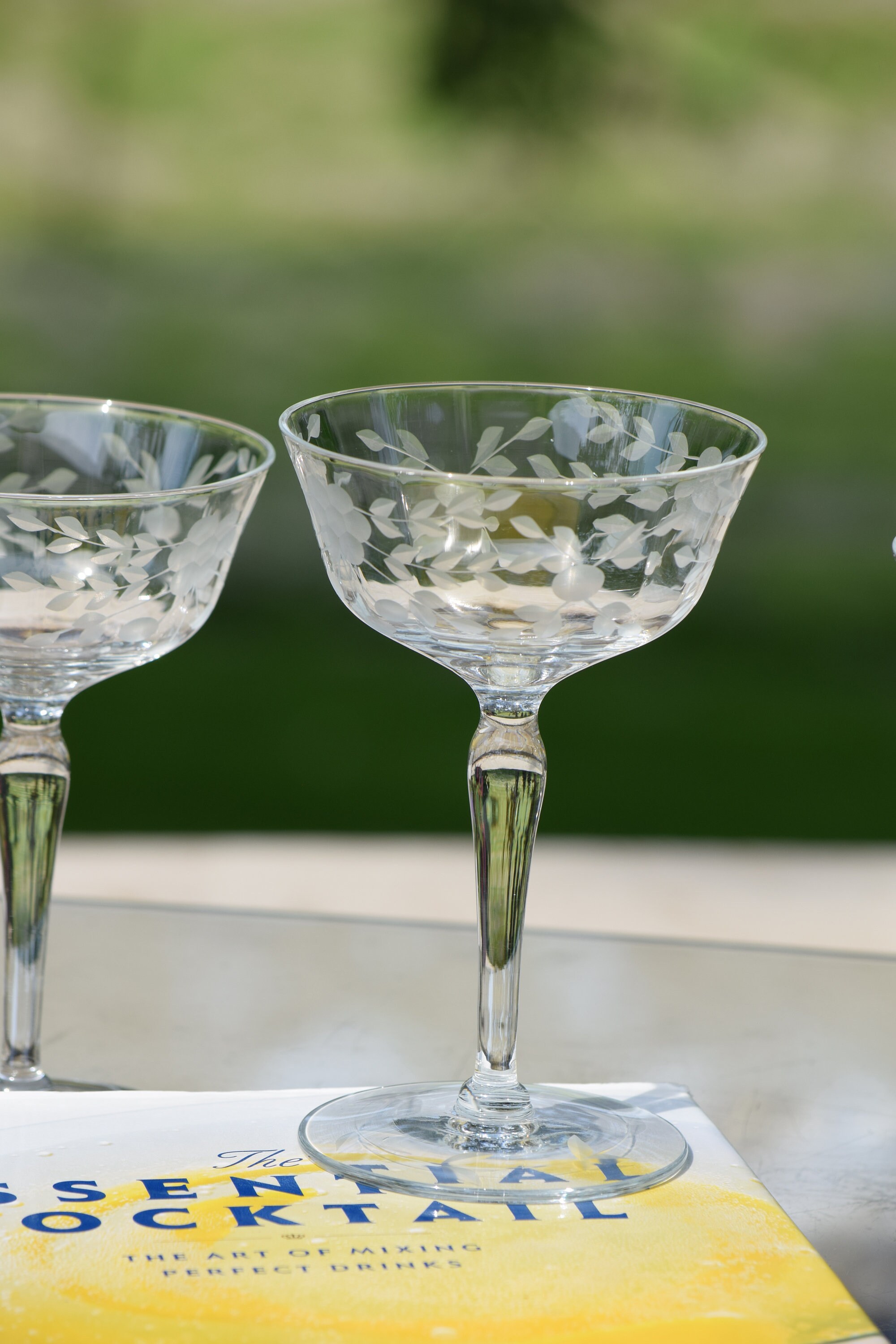 4 Vintage Etched Cocktail Glasses Champagne Coupes, 1950's, Vintage