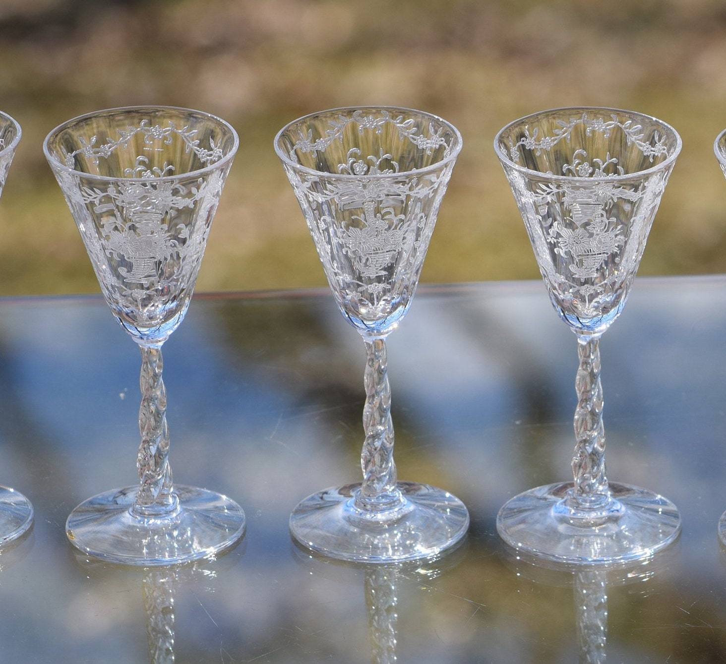 Vintage Etched Crystal Wine Cordials, Set of 6, Fostoria, Mayflower