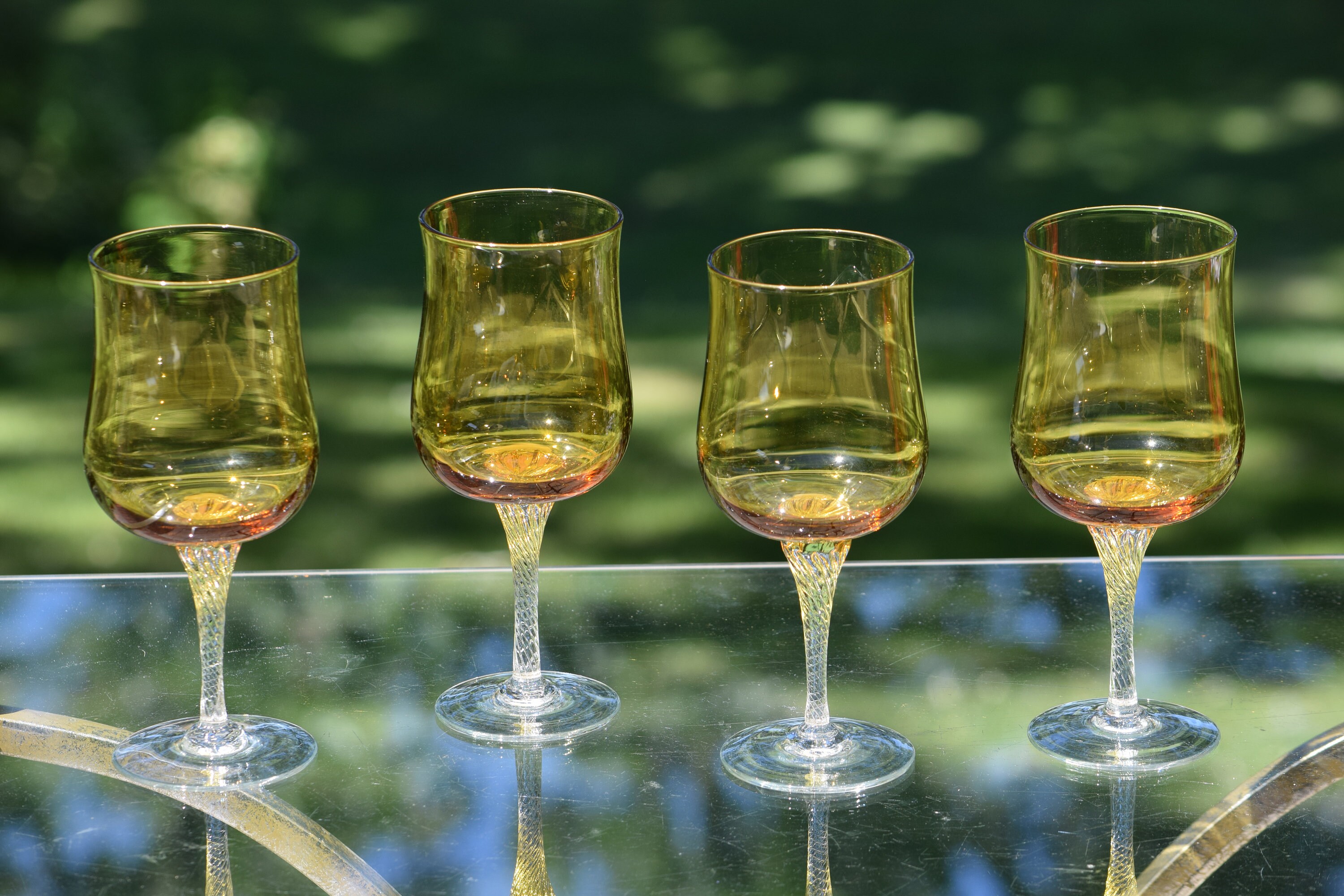 Vintage Yellow with Clear Twisted Stem Wine Glasses, Set of 4, Vintage