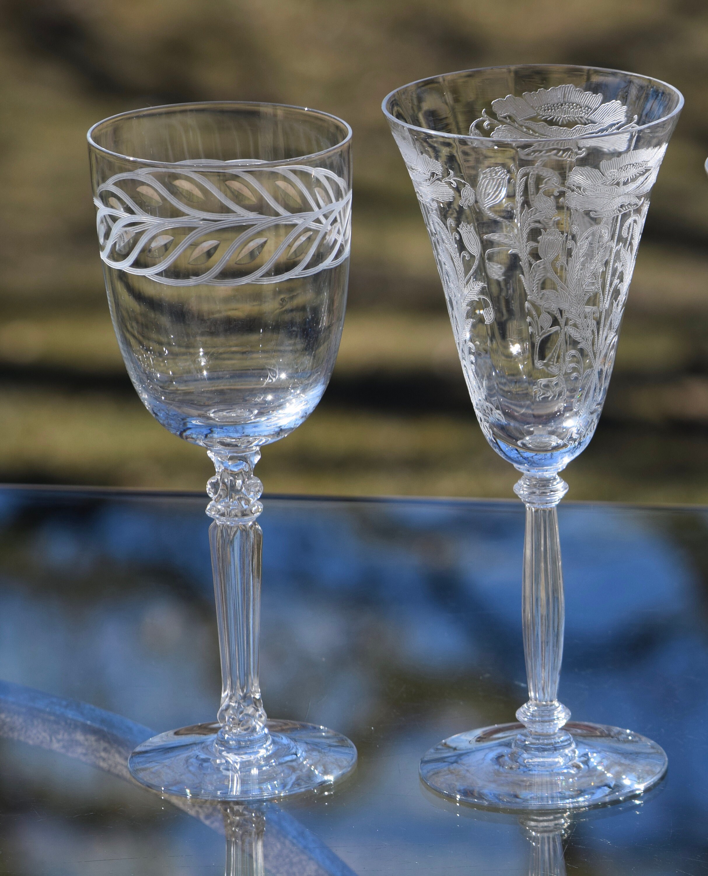 Vintage Etched Wine Glasses, Set of 4, Set of 4 MisMatched Etched Wine
