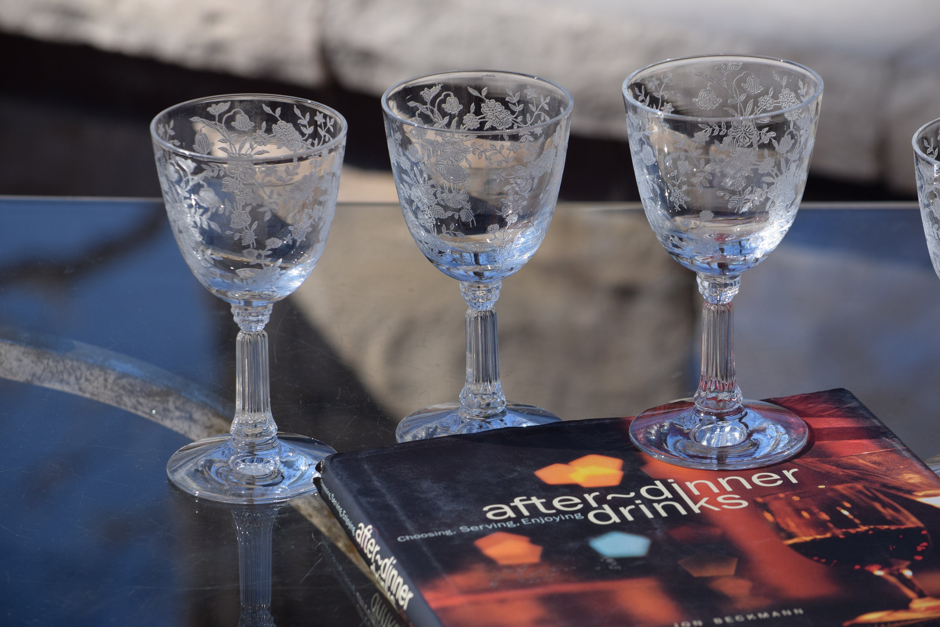 4 Vintage Etched CRYSTAL Liqueur Cocktail Glasses, Fostoria, Circa