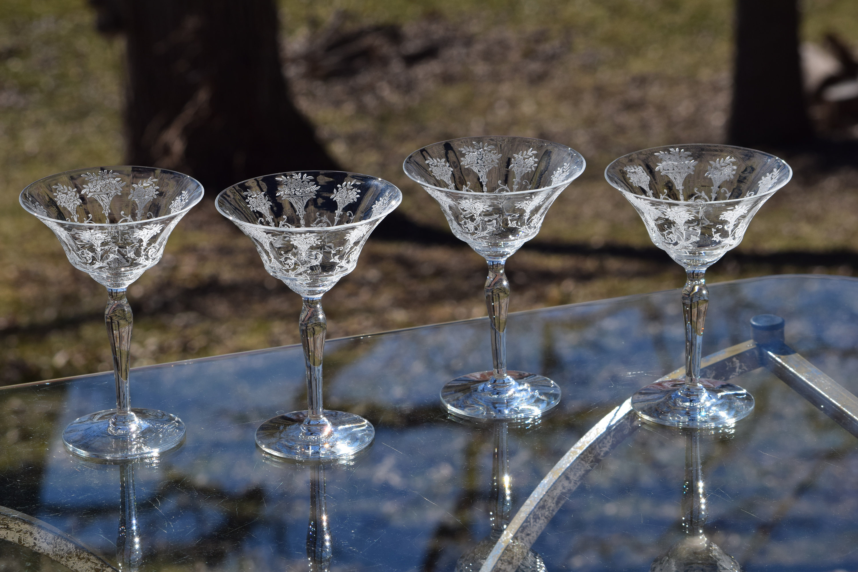 Vintage Etched Cocktail Martini Glasses, Set of 4,