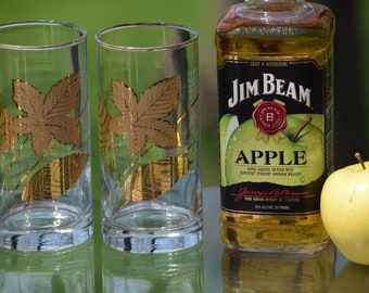 Vintage Libbey Highball Glasses: Gold Leaf MCM Barware, Set of 4, Ice Tea Glasses