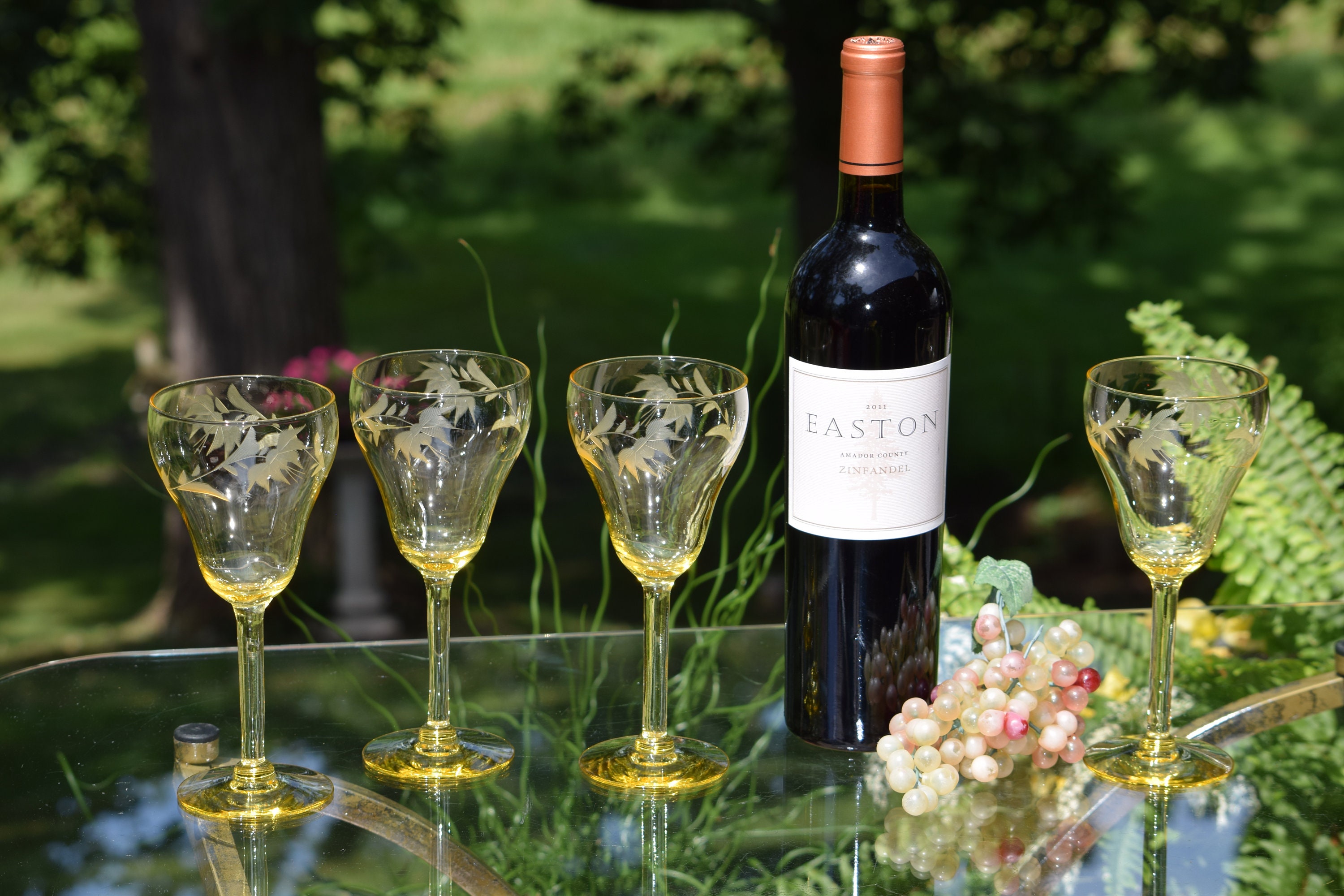 Vintage Etched Yellow Wine Glasses, Set of 4, Elegant Tall Yellow