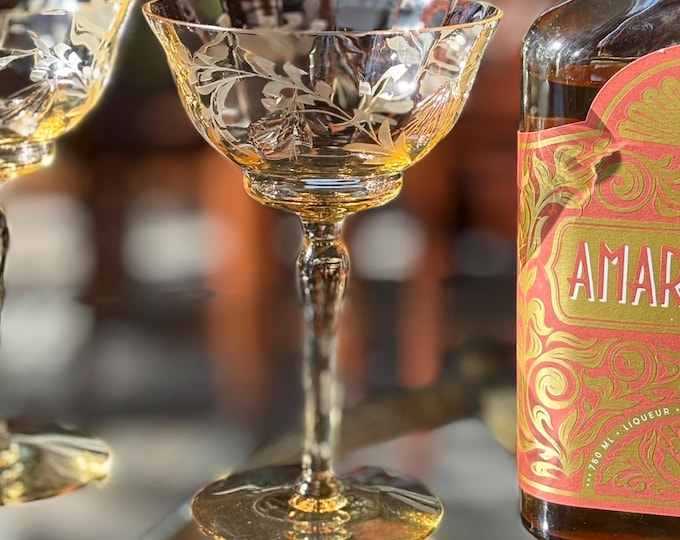 6 Vintage Yellow Etched Cocktail Glasses, 1940's, Nick and Nora Cocktails, Mixologist Craft Cocktail Coupes