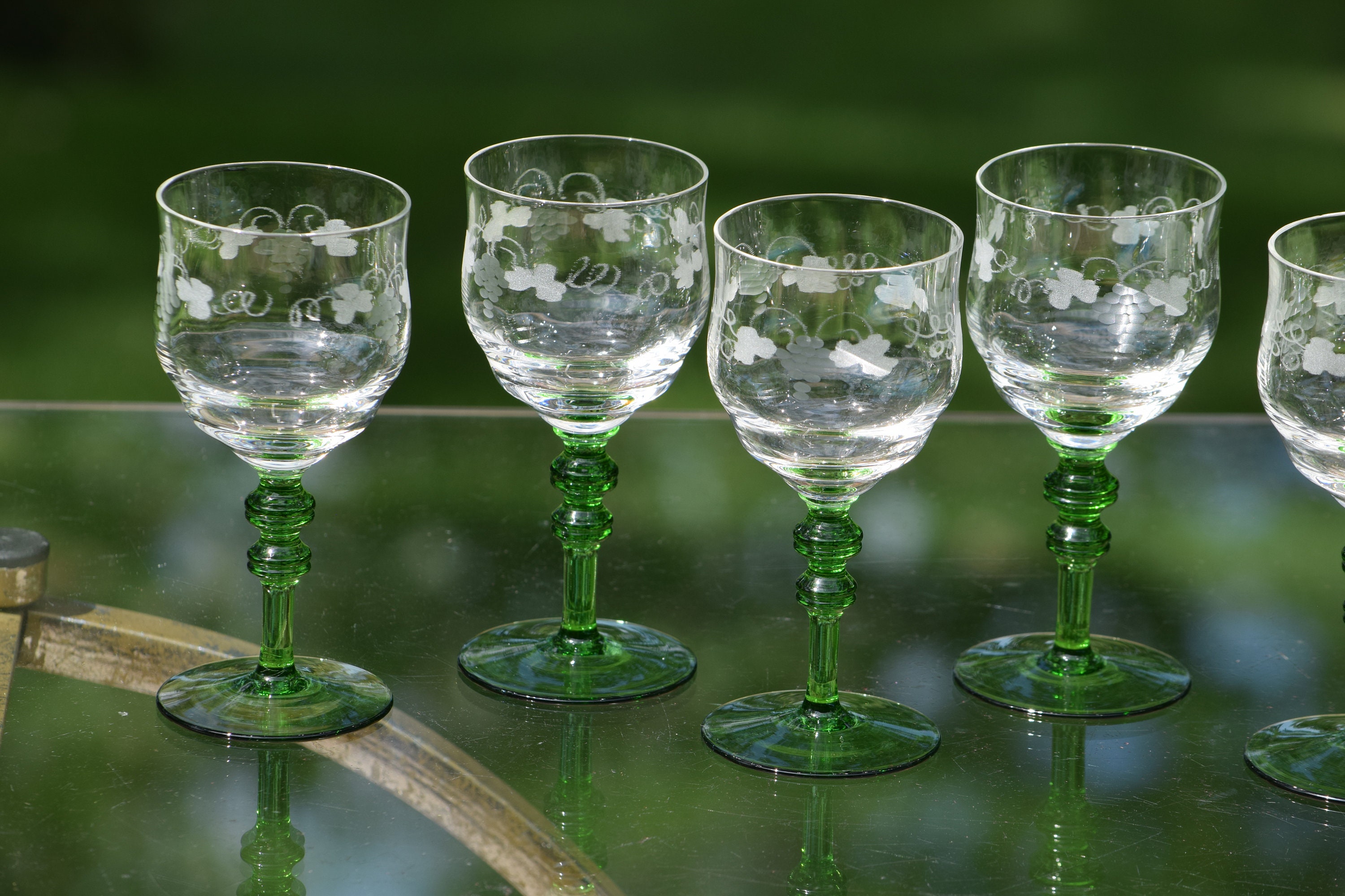 Vintage Etched with Green Stemmed Wine Glasses, Set of 6, Vintage