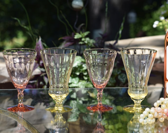 HELLO SUMMER WINES! 4 Vintage Etched Multi-Colored ~ Mis-Matched Wine Glasses, 1950's, Vintage Pink and Yellow Wine glasses