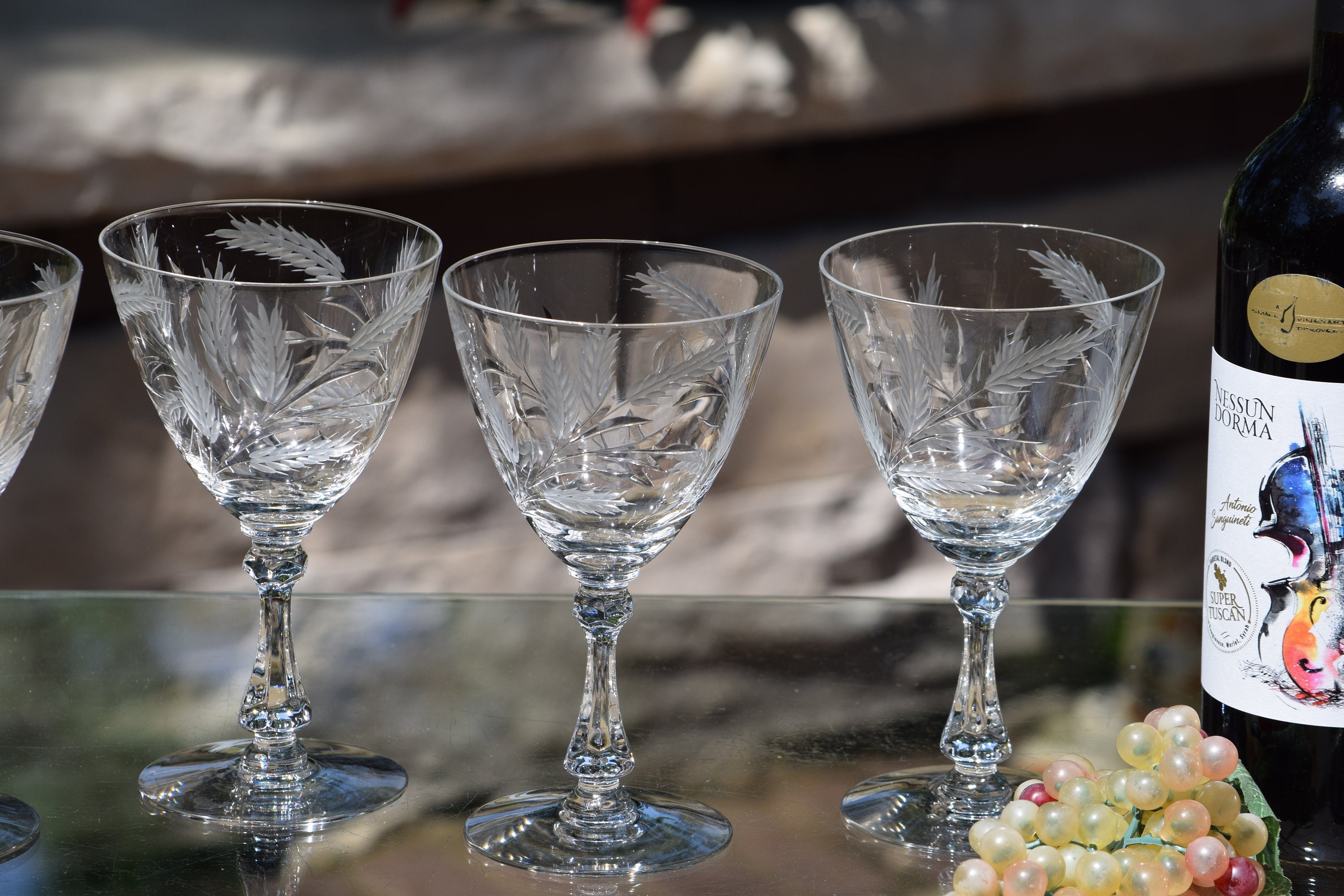 4 Vintage Etched Crystal Wine Glasses, Cambridge, 1940's, Crystal Water  Goblets