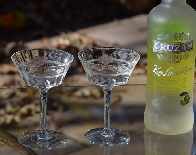 4 Vintage Etched Cocktail Glasses, Nick and Nora, 6oz Martini Glasses, 1950's