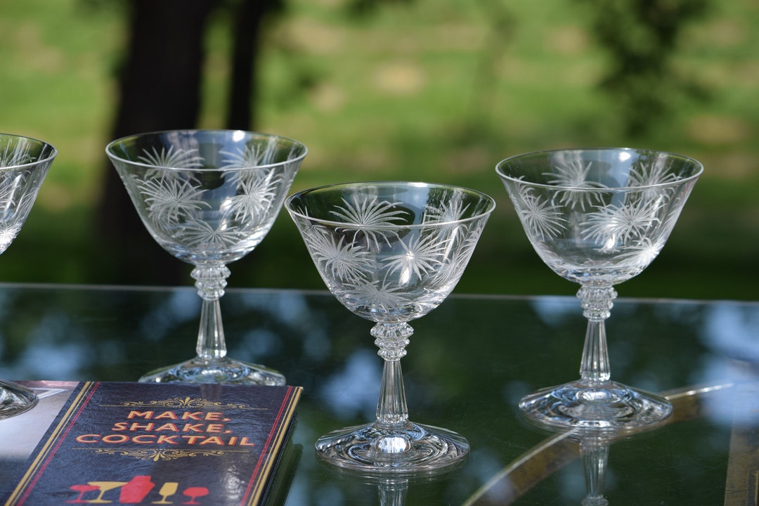 Vintage Fostoria Lido Etched Cocktail Glasses - 1940s Martini