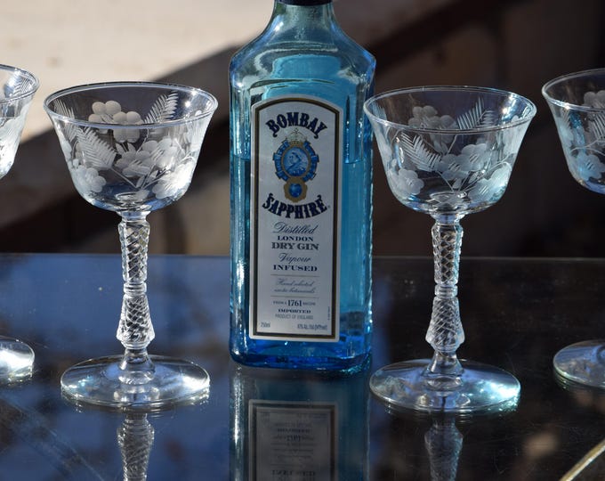 Vintage Etched Martini Glasses, Rock Sharpe, 1940s, Set of 6, Vintage Cocktail Glass