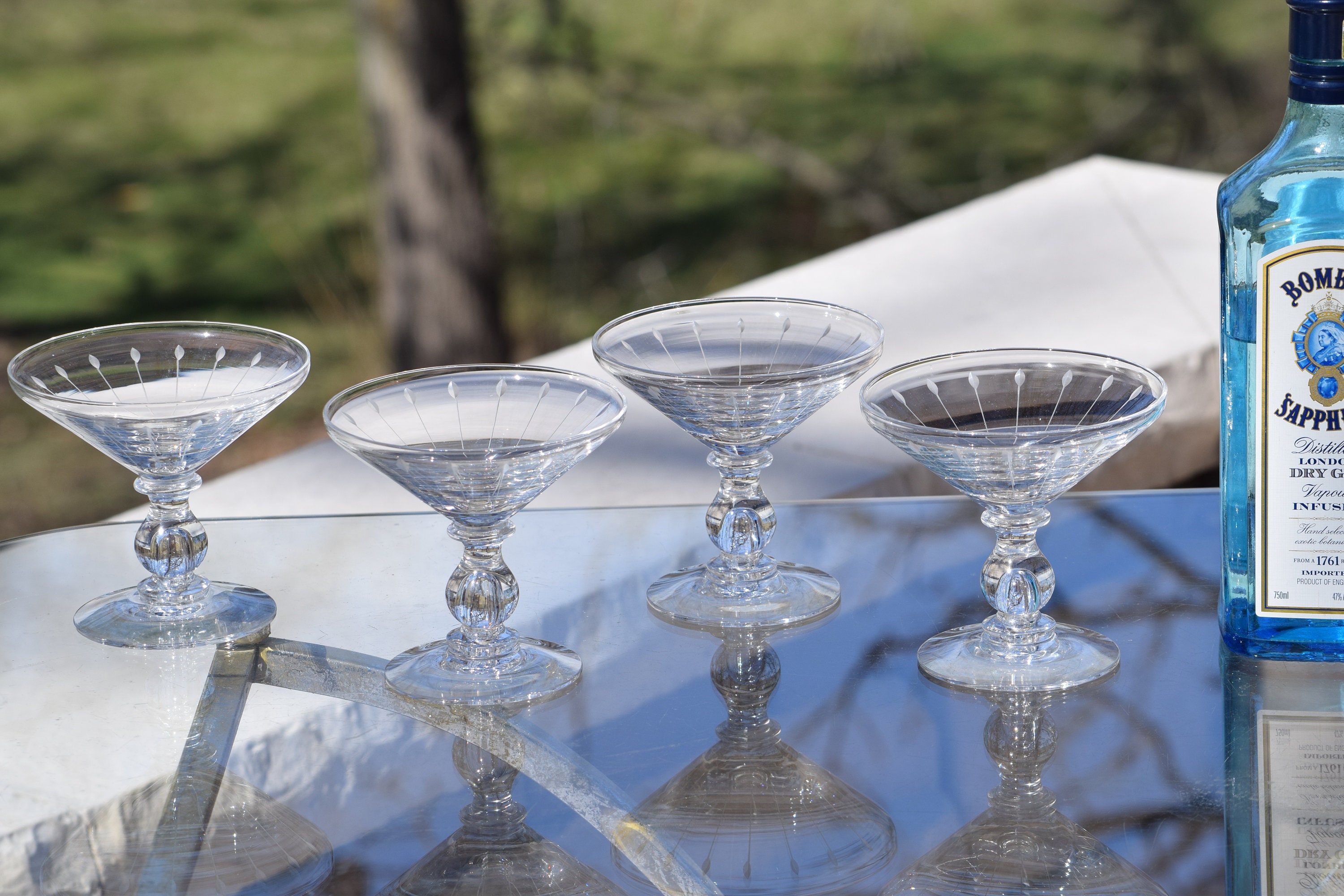 6 Vintage Etched Crystal Cocktail Glasses with Bubble Stem, 1950's