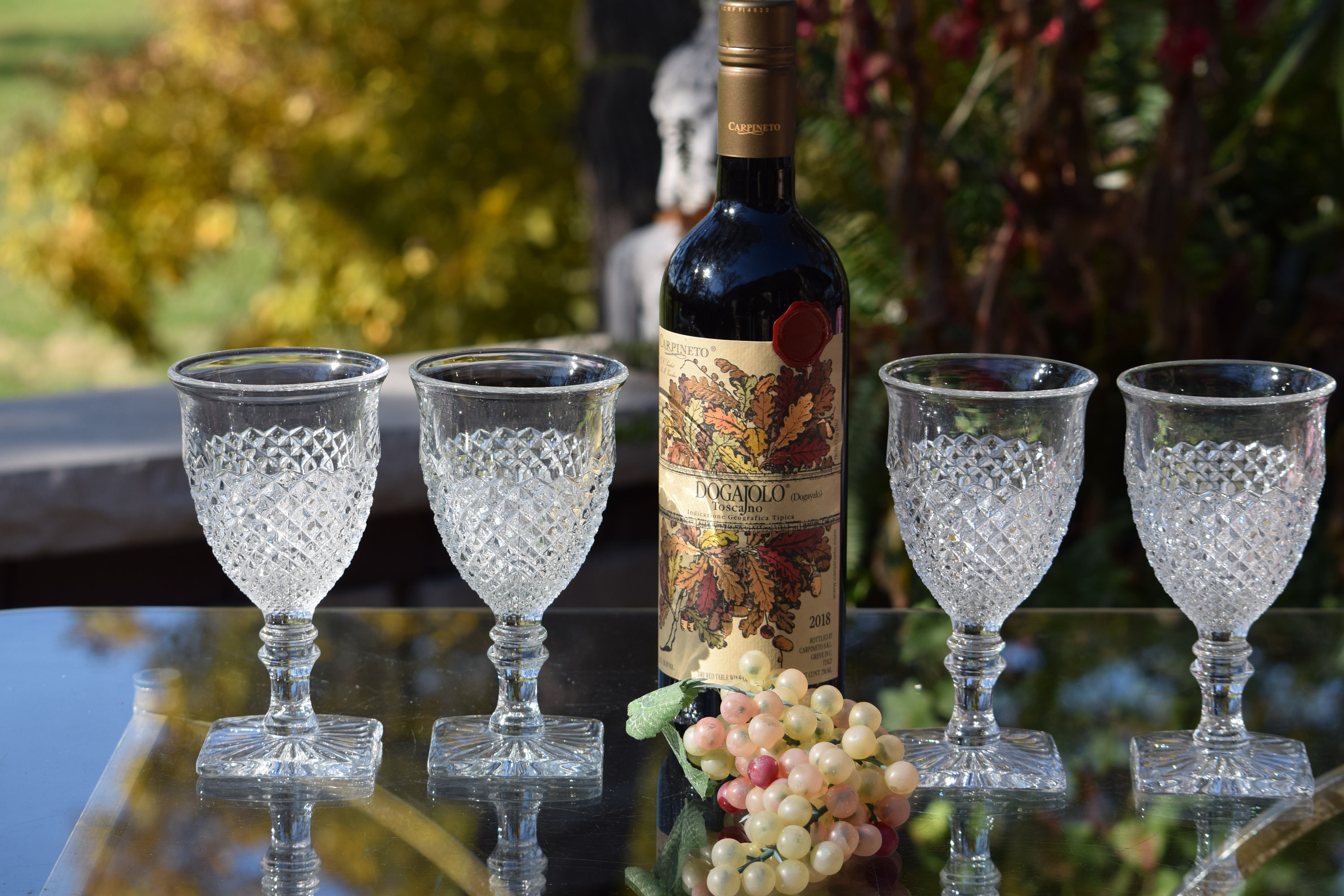 4 Antique Wine Glasses, Vintage Pressed Glass Square Stem Wine Glasses