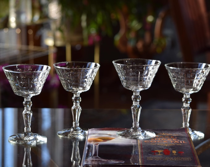 CLASSY COCKTAILS! 2 Vintage Etched Cocktail ~ Martini Glasses Rock Sharpe, 1950's, Nick and Nora Cocktail Hour, Lemon Drop Martinis