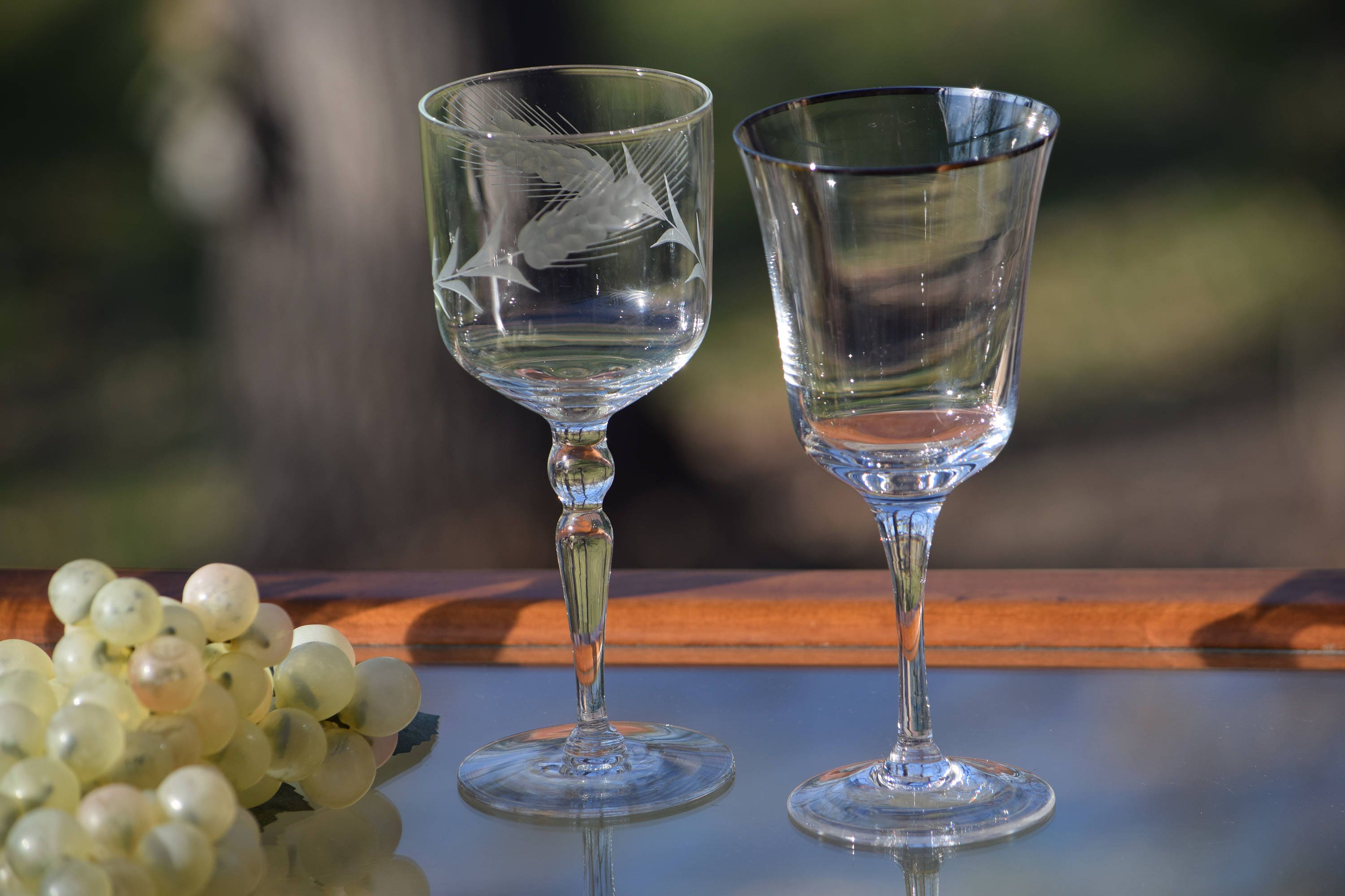 Vintage Etched Wine Glasses, Set of 4 different Vintage Wine Glasses