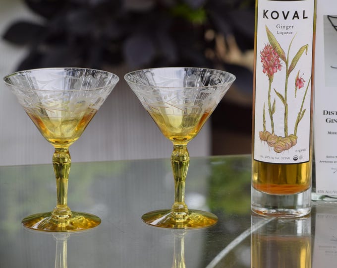 Vintage Etched Yellow Cocktail Glasses, 1930's Nick and Nora Barware