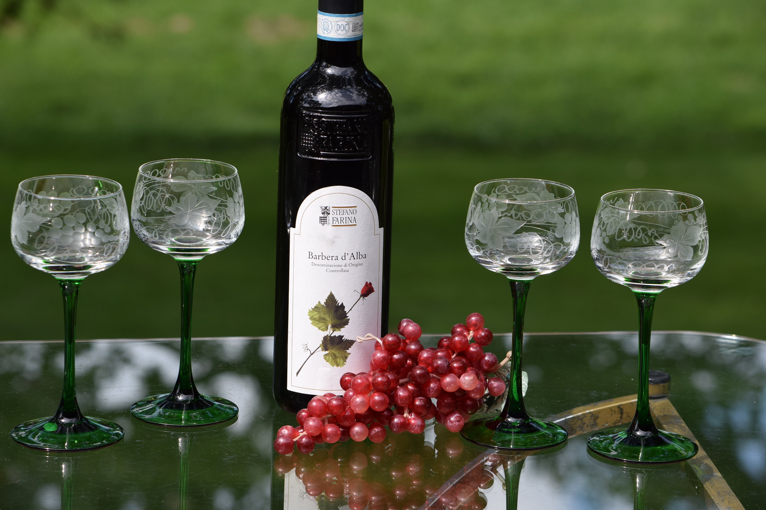 Vintage Etched with Green Stemmed Wine Glasses, Set of 6, Vintage Port