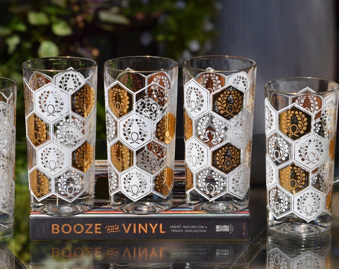 MID CENTURY Jewel!  6 Vintage Cocktail Highball Glasses, Cera, circa 1950's Vintage MCM Gold and White Glasses, Whiskey Bourbon Glasses,
