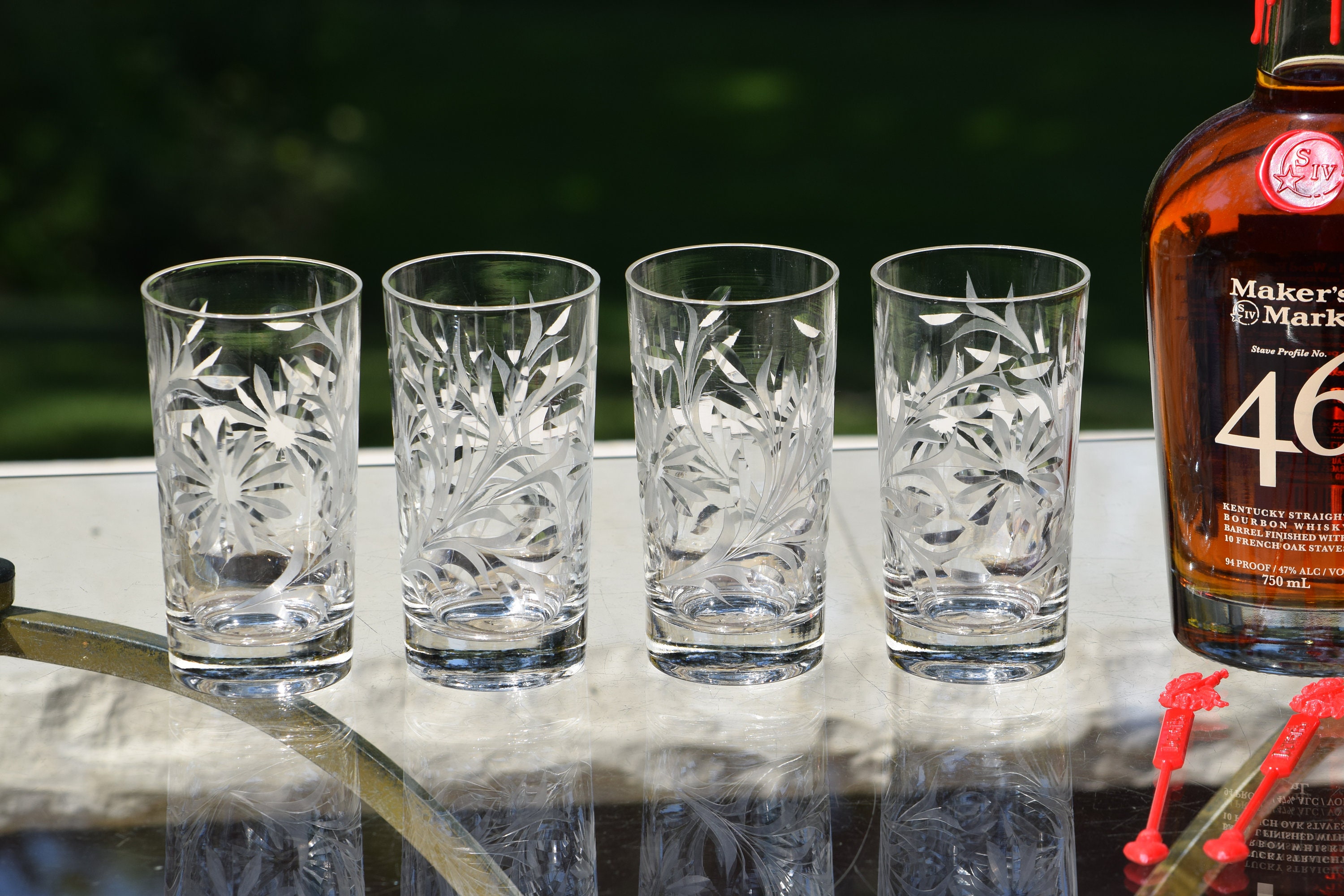 4 Vintage Etched Highball Glasses, 1950's, 12 oz Cocktail Whiskey