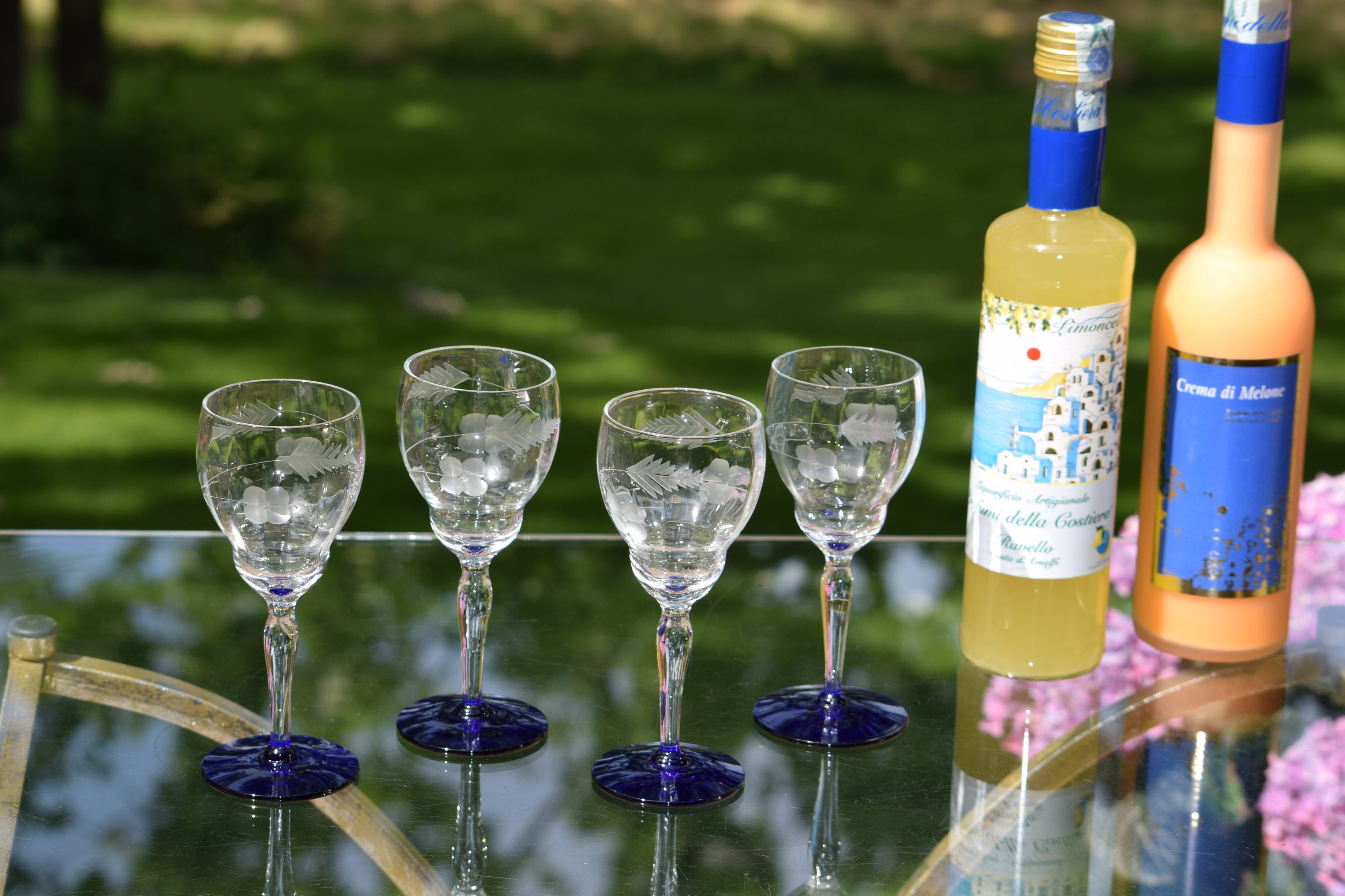 4 Vintage Etched Wine Glasses with Cobalt Blue Foot, circa 1950, After