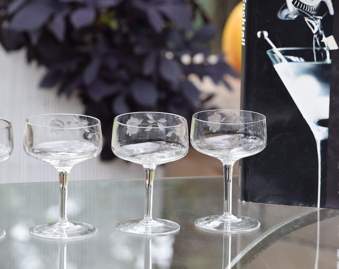 5 Vintage Etched Cocktail Glasses, 1970's, Nick & Nora