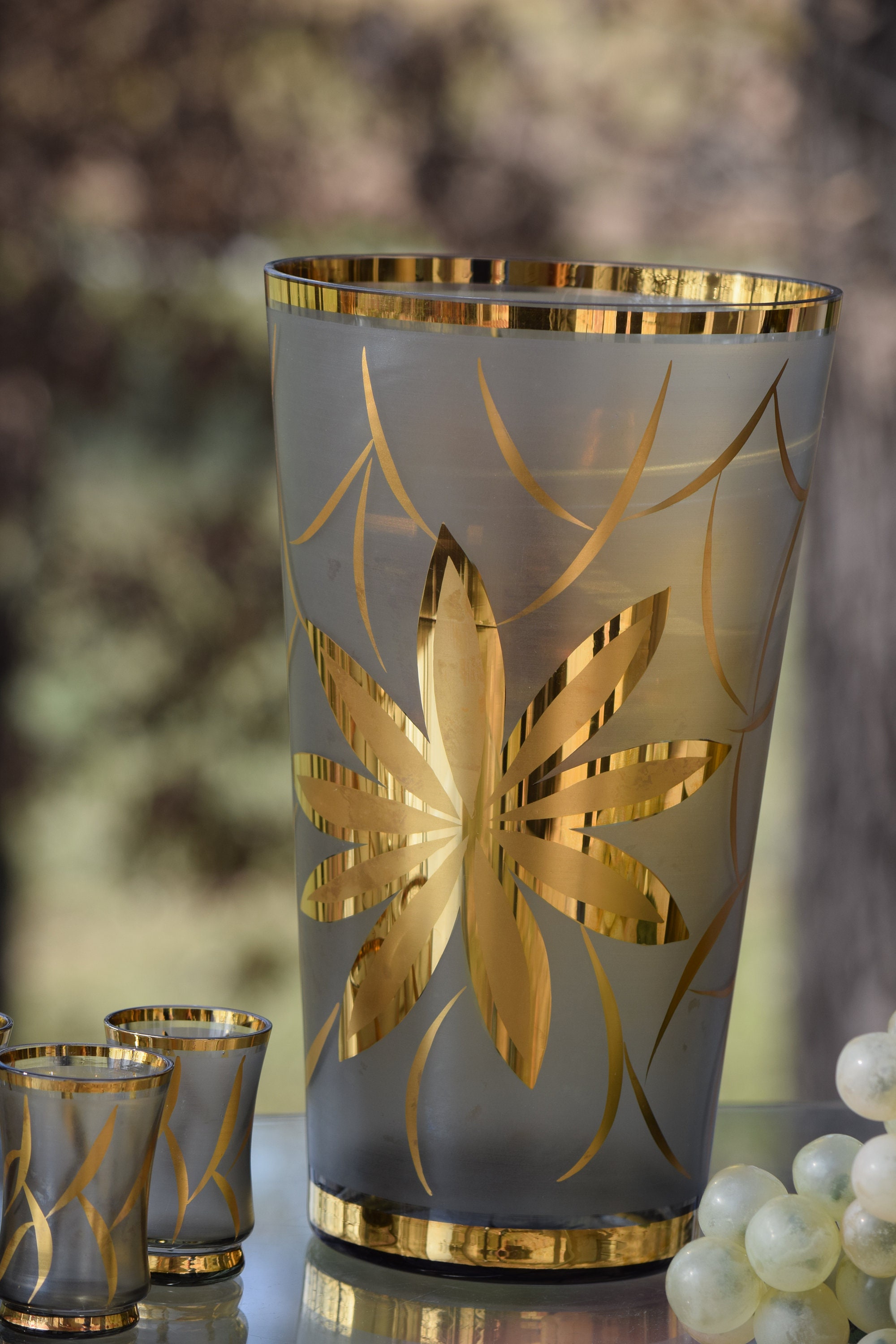 Vintage Gold Floral Wine Decanter with matching shot glasses and Wine