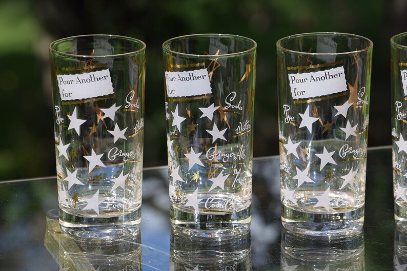 1950/'s 1960/'s Barware Set of 5 Vintage Cocktail- Whiskey Highball Glasses Mid Century Barware Pour Another For Whiskey Highballs