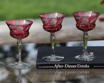 4 Vintage Etched Ruby Red Liqueur - Wine Glasses,  circa 1950, After Dinner Drink 4 oz Cordials, Small 4 oz Cocktail glasses