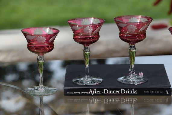 4 Vintage Etched Ruby Red Liqueur Wine Glasses, Circa 1950, After