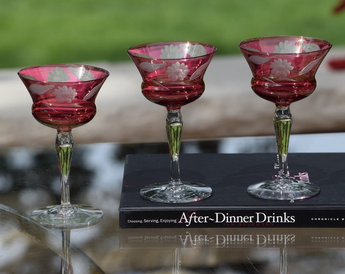 ADD SOME COLOR! 4 Vintage Etched Ruby Red Liqueur - Wine Glasses,  circa 1950, After Dinner Drink 4 oz Cordials, Small 4 oz Cocktail glasses