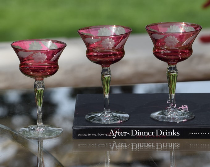 4 Vintage Etched Ruby Red Liqueur - Wine Glasses,  circa 1950, After Dinner Drink 4 oz Cordials, Small 4 oz Cocktail glasses