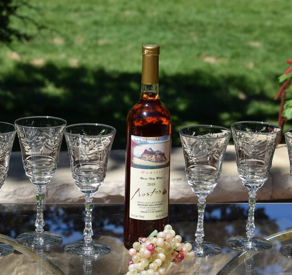 6 Vintage Etched Wine ~ Cocktail Glasses with Red stem, Vintage