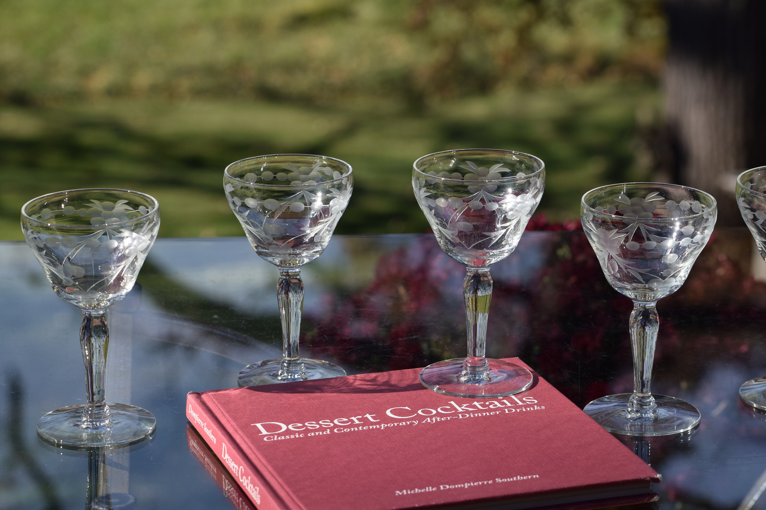 Set of 5 Antique French Bistro Wine Glasses. Cut Glass. Aperitif Glass.  Sherry Glass. Port Wine. Mouth Blown Antique Bistro Glasses. 