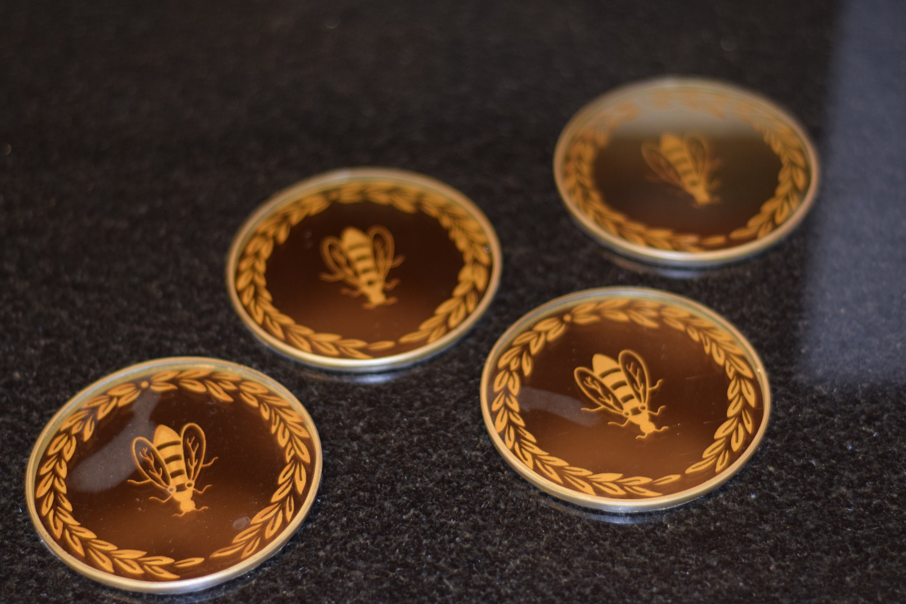Vintage Designer Glass Drink Coasters, Harrods, Set of 4, Eglomise