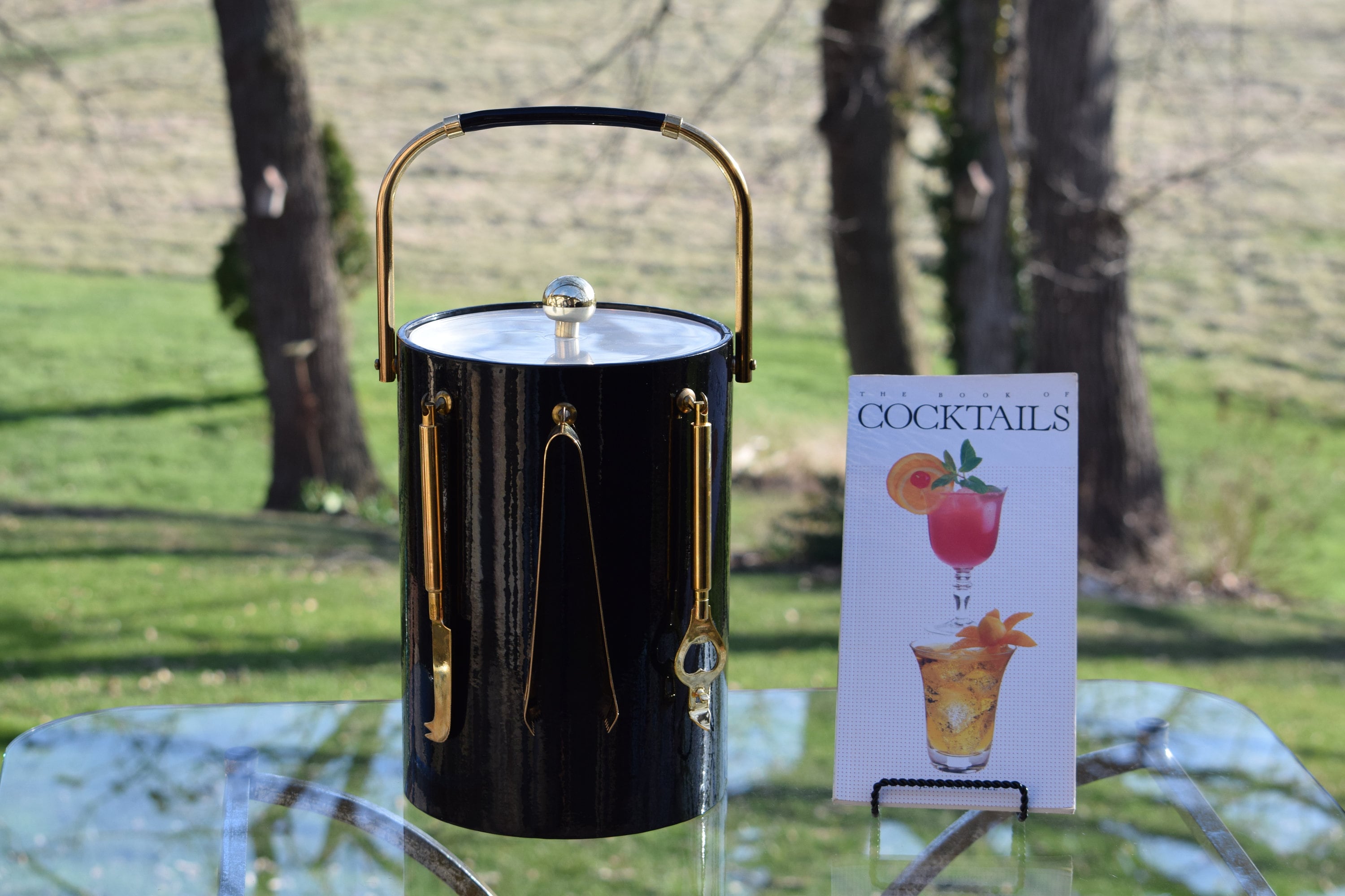 Vintage BRIARD Ice Bucket Black Patent Leather and Gold